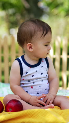 cute baby boy in sleeveless t-shirt sits on the plaid on the ground watching soap bubbles fly. adorable kid resting outdoors in summer. vertical video