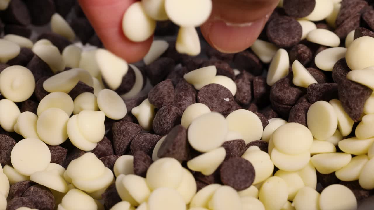 manos mezclando trozos de chocolate oscuro y blanco