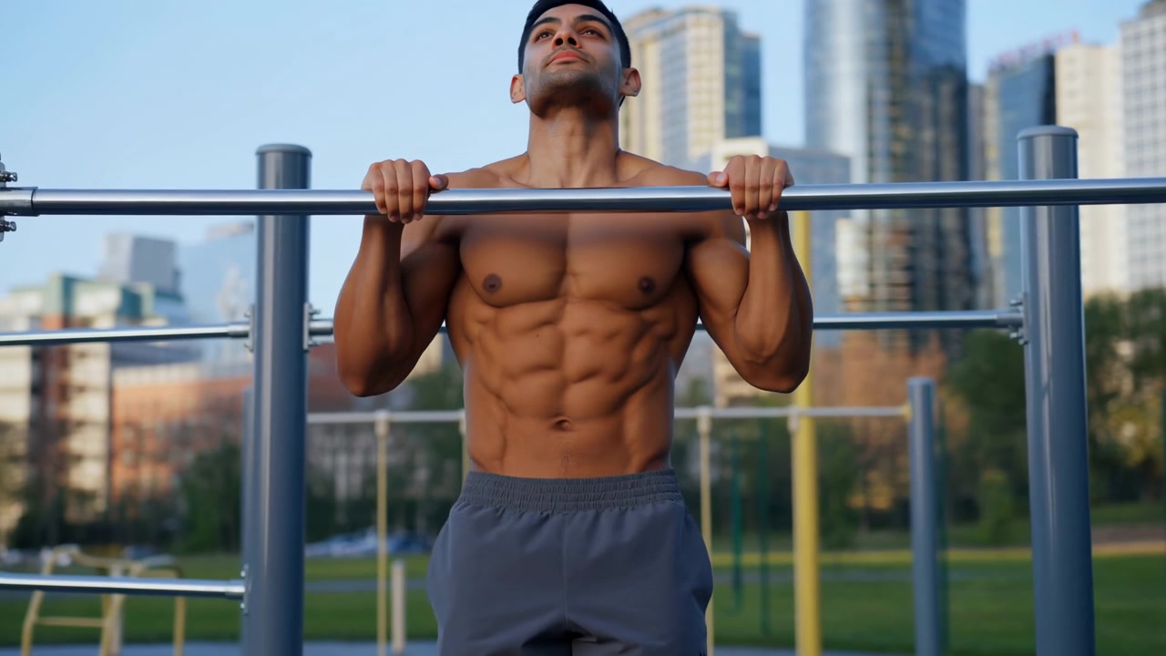 Atleta Masculino Sem Camisa Fazendo Barras Em Parque Urbano Com Horizonte da Cidade Ao Fundo Na Hora Dourada, Focado