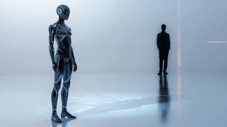 Ein humanoider Roboter wird aktiviert und justiert einen Mikro-Kopf in einem weißen Labor unter dem Blick eines Anzug tragenden Beobachters, Platz für Text
