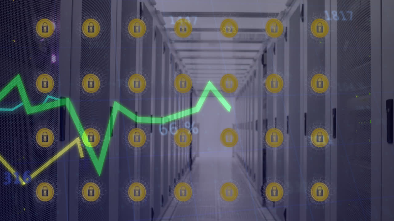 animación de líneas de procesamiento con iconos de seguridad en línea a través de servidores informáticos