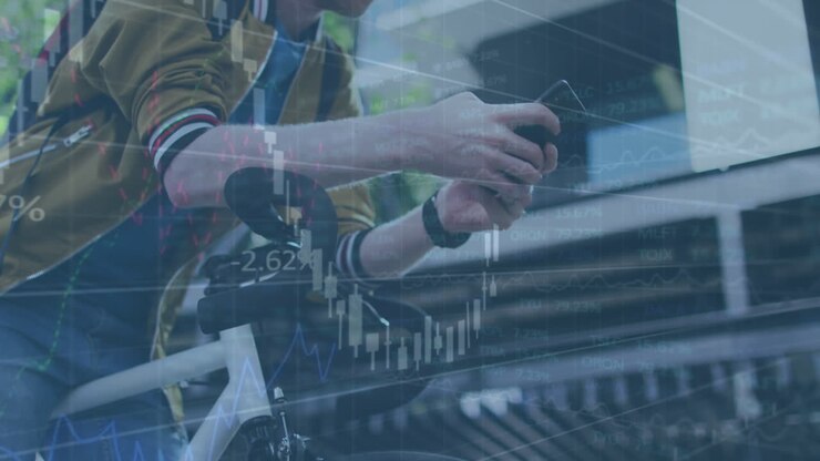 Animation of financial data processing over man using smartphone