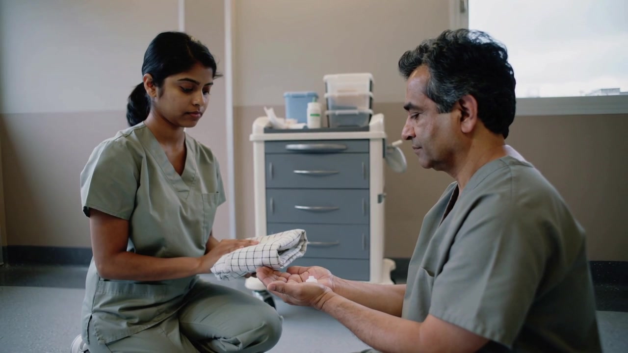 Kneeling nurse in scrubs passing towel into colleague's hands and smoothing it for prep at clinic