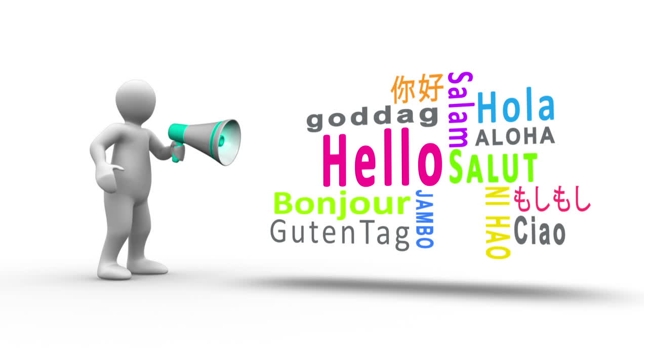 백색 인물이 메가폰으로 소리를 지르며 다른 언어로 인사를 합니다.