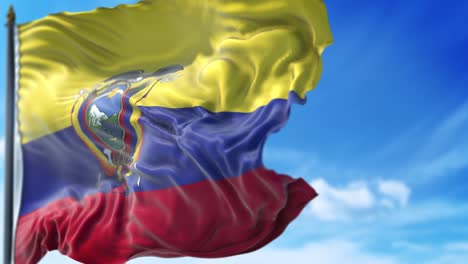 ecuadorean flag is waving slowly against blue sky