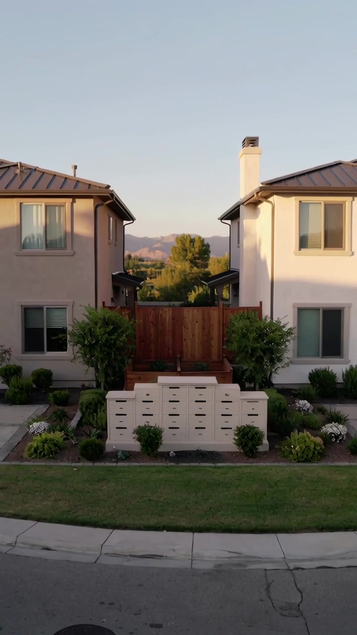 Video verticale: La telecamera si allontana, rivelando case suburbane e casellari postali comuni, mostrando il giardino.