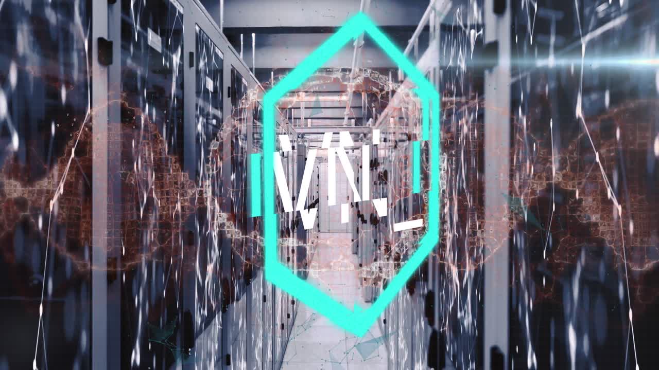 animación de texto nft sobre bandera hexagonal de neón y cerebro humano girando contra la sala del servidor