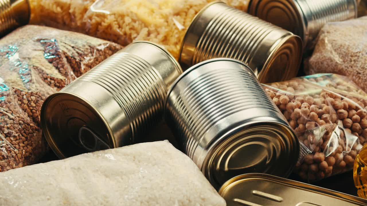 Canned cereals beans fish and vegetables, an assortment of processed foods, supermarket cart online shopping, delivery.