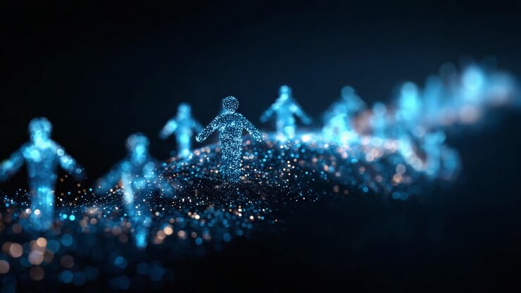 A Journey Through a Digital Landscape: Illuminated Figures Emerge Along a Glowing Path of Data and Technology, Symbolizing Connection and Progress