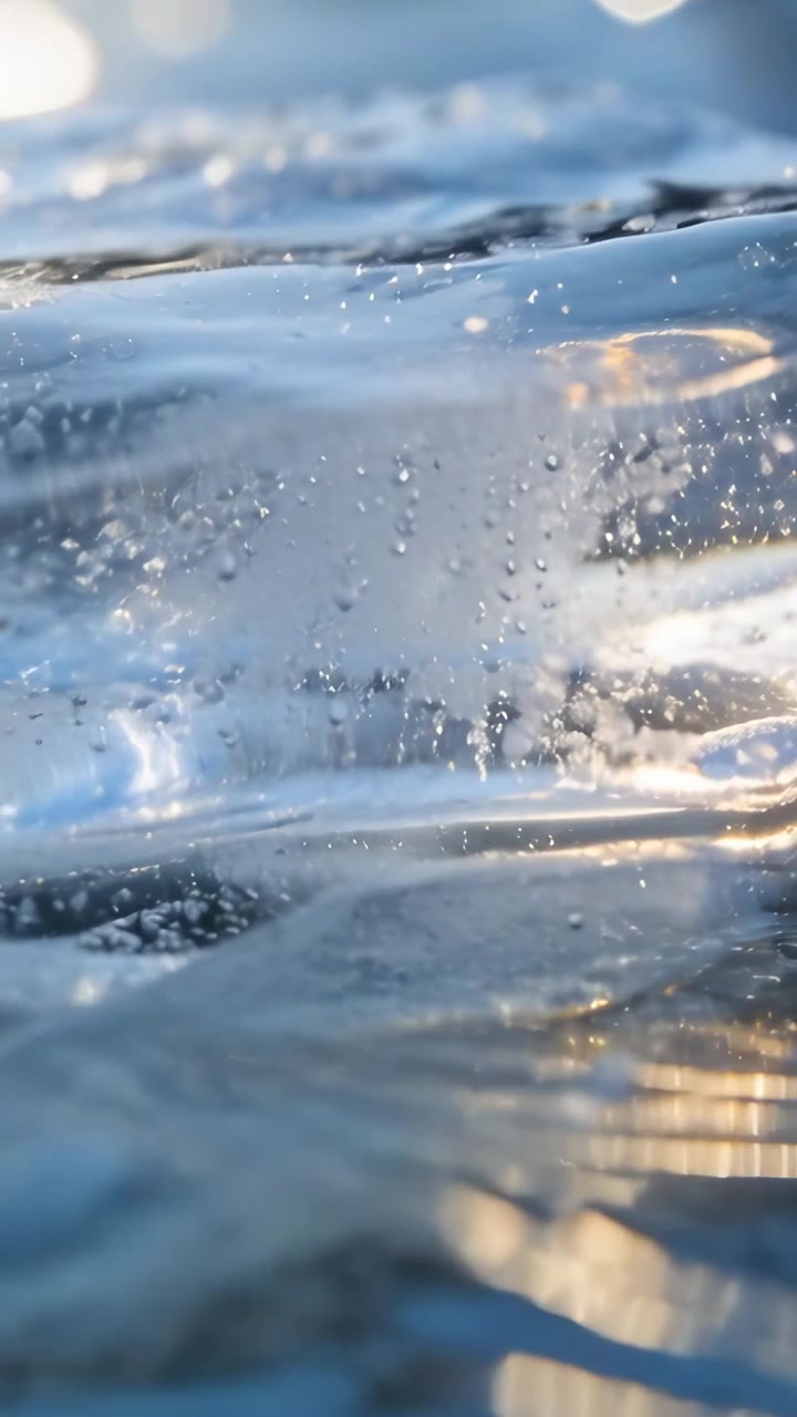 Video verticale: Telecamera ondeggiante sull'acqua azzurra con bolle in movimento, increspature vicino alla superficie e luce dorata.