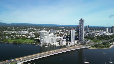 aerial view of the gold coast suburb southport and the sundale bridge spanning over the nerang river