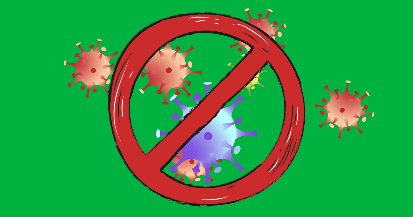 Digital animation of stop sign over multiple covid-19 cells against black background
