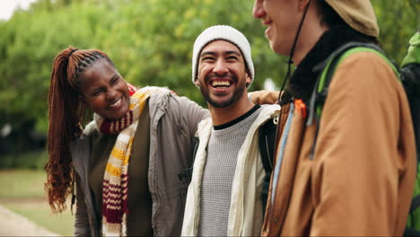 Camping,-happy-or-friends-talking-on-holiday