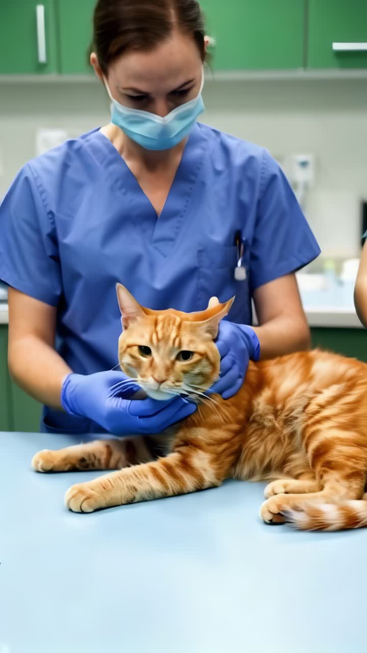 A woman in a blue scrubs is examining an orange cat