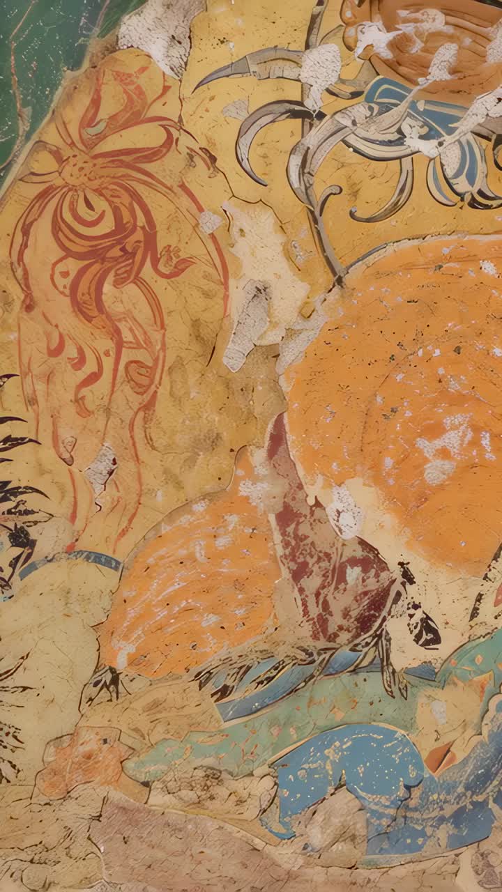 Vertical video: Tilting camera revealing painted mural at interior wall, centering orange motif