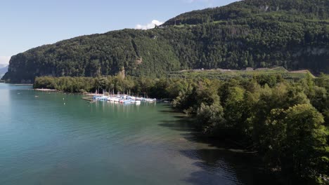 Riverside-lake-Walensee-weesen-walenstadt-amden-boating-water-sport-and-luxury-yacht-club-in-Switzerland-green-pine-tree-forest-highland-hill-of-Swiss-sunny-summer-in-alpine-alps-mountain-for-hiking