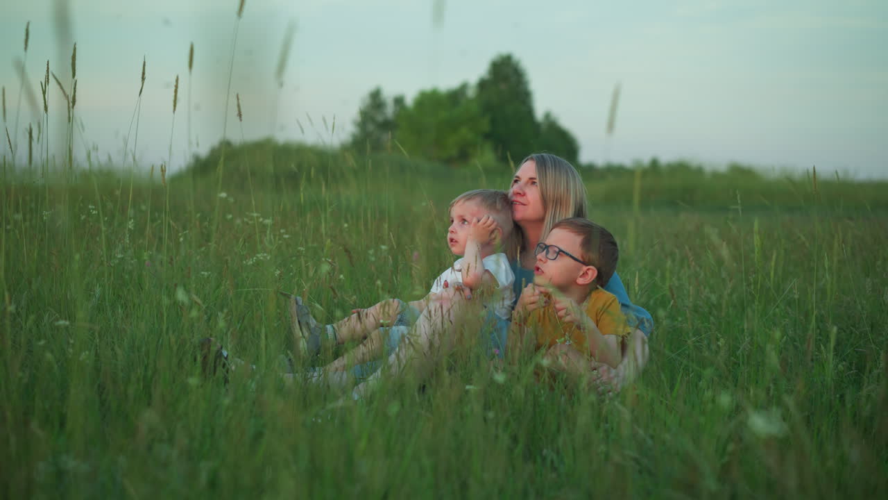 A mother in a blue gown sits in a field of tall grass with her two children, the older one wearing a yellow top and glasses, and the younger one in a white top. They are all gazing up at the sky