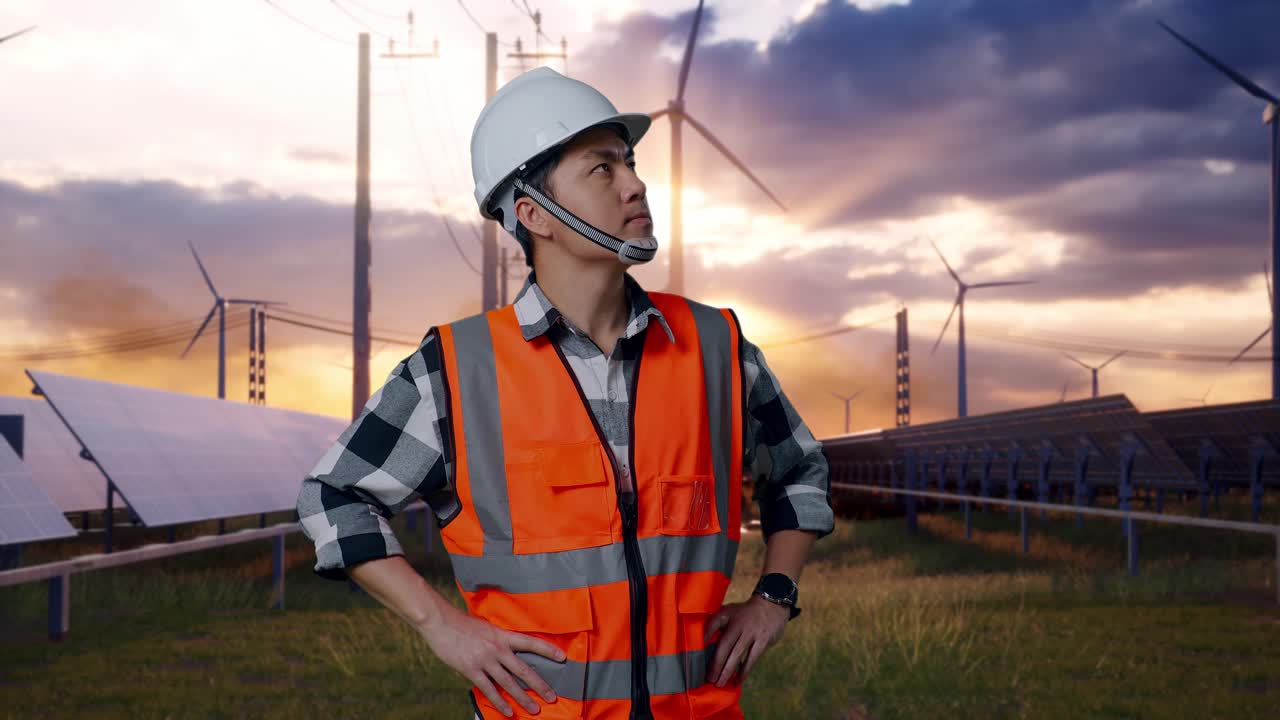 Asian Male Engineer Wearing Safety Helmet Looking Around While Standing With Arms Akimbo With Solar Panel and Wind Turbines