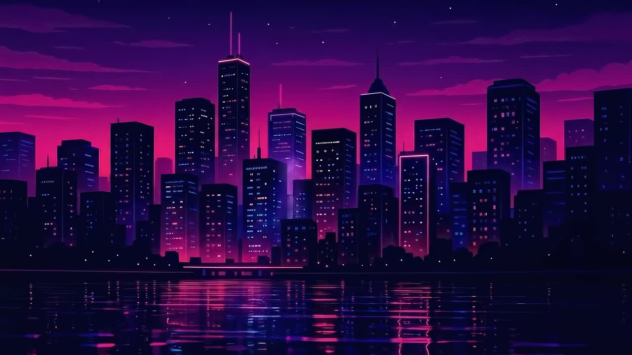Um vídeo apresentando uma paisagem urbana vibrante e retrofuturista à noite, capturada de um ângulo baixo