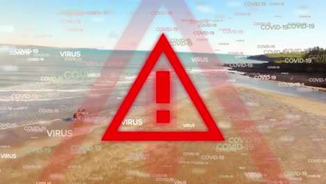 Digital-composite-video-of-warning-sign-with-Virus-Covid-19-text-against-beach-in-background