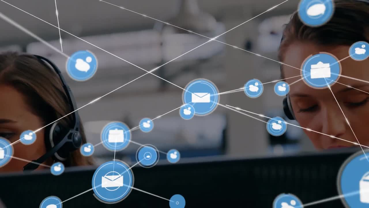 Animazione di una rete di connessioni e icone su persone d'affari che indossano visori