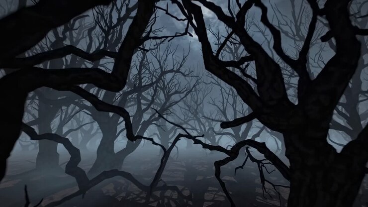 Eerie forest scene with twisted branches, captured from a low-angle, creating a haunting atmosphere