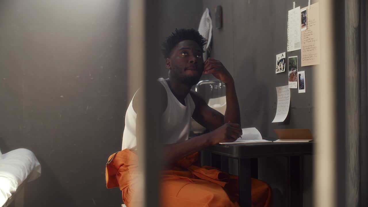 Detenuto afroamericano pensieroso che scrive una lettera alla scrivania nella cella della prigione.