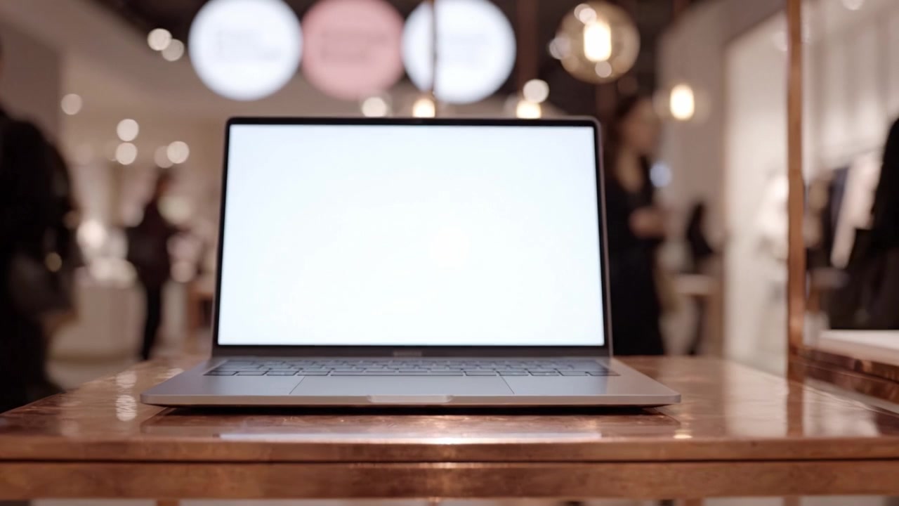 Un laptop elegante è posizionato su un tavolo di legno lucido su uno sfondo leggermente sfocato di uno spazio commerciale moderno, mettendo in mostra il suo design minimalista e la sua finitura elegante
