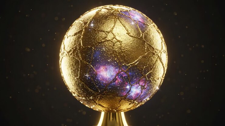 Una straordinaria sfera dorata con motivi cosmici catturata in due fotogrammi, che mostra la bellezza dello spazio e dell'arte in una presentazione statica e dinamica