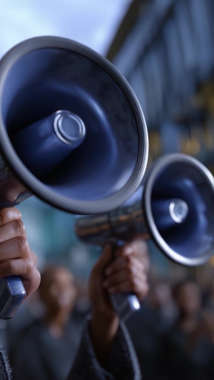 Una potente dimostrazione di unità: mani alzate con megafoni in una manifestazione che evoca voci di cambiamento e azione collettiva per una causa comune