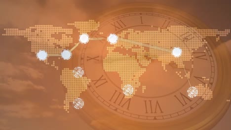 Animación-De-Redes-De-Conexiones-Y-Mapa-Mundial-Sobre-El-Reloj-Moviéndose-Rápidamente