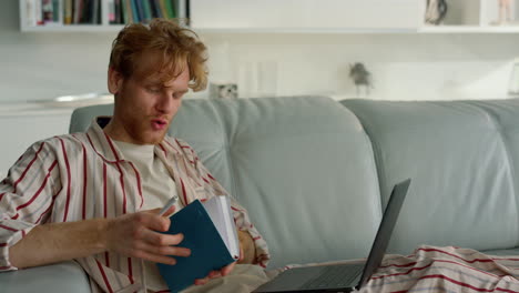 businessman talking laptop computer at home office on lockdown period closeup.