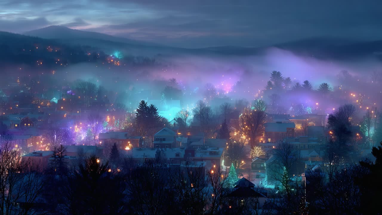 A Magical Nightscape of Vibrant Colors Illuminating a Misty Landscape, Creating a Dreamlike Atmosphere with Twinkling Lights Reflecting Off the Fog