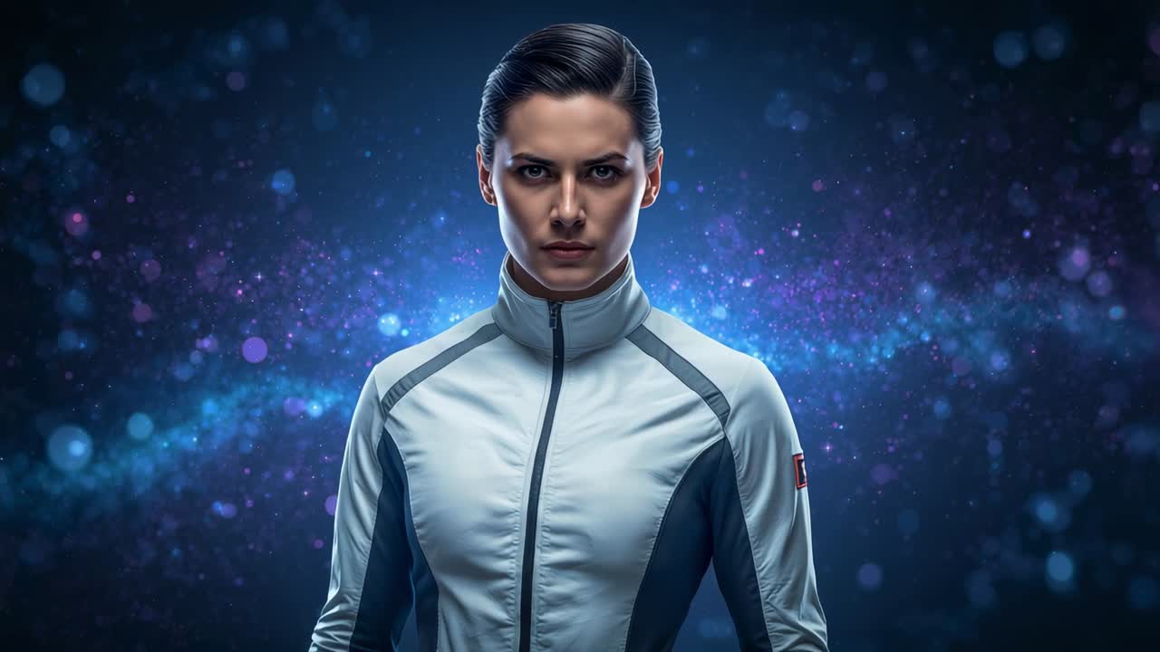 Zoom della camera, donna che sostiene lo sguardo in studio, che mostra una giacca con zip e una nebulosa, accentuando il viso