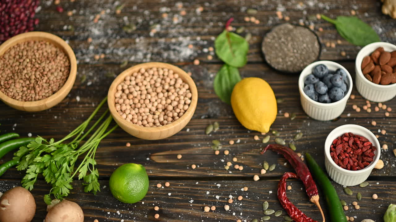 Diversi tipi di frutta, verdura e fagioli su una superficie in legno