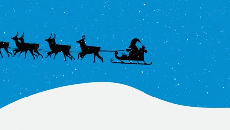 Animation-of-santa-claus-in-sleigh-with-reindeer-moving-over-snow-falling-on-blue-background