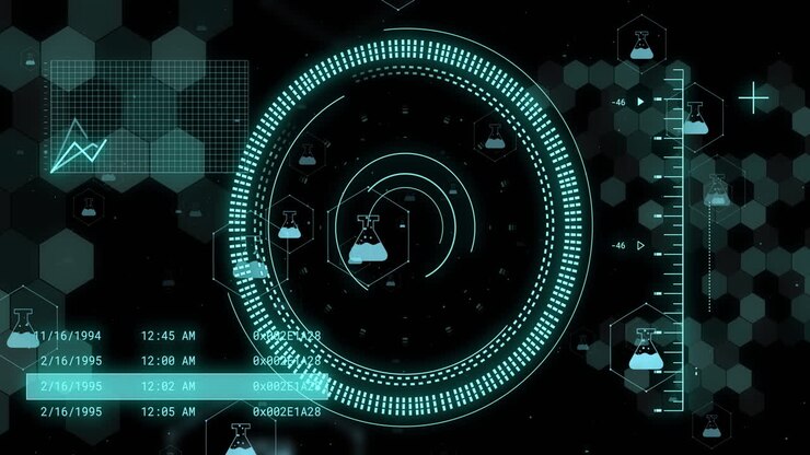 Animation of scopes and scientific data processing over black background