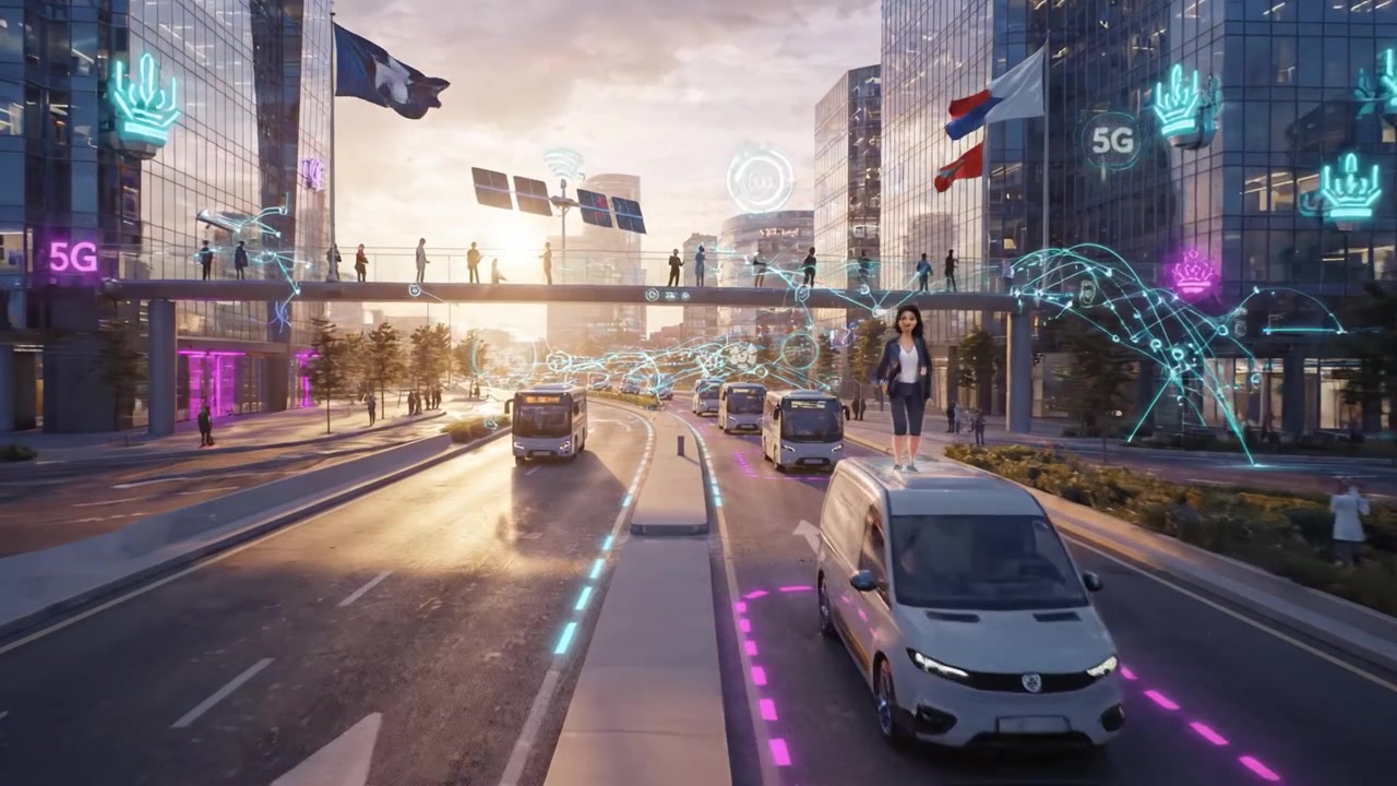 Futuristic Urban Landscape Featuring Advanced Transportation and Smart Technology Integration Amidst a Vibrant Cityscape at Sunset