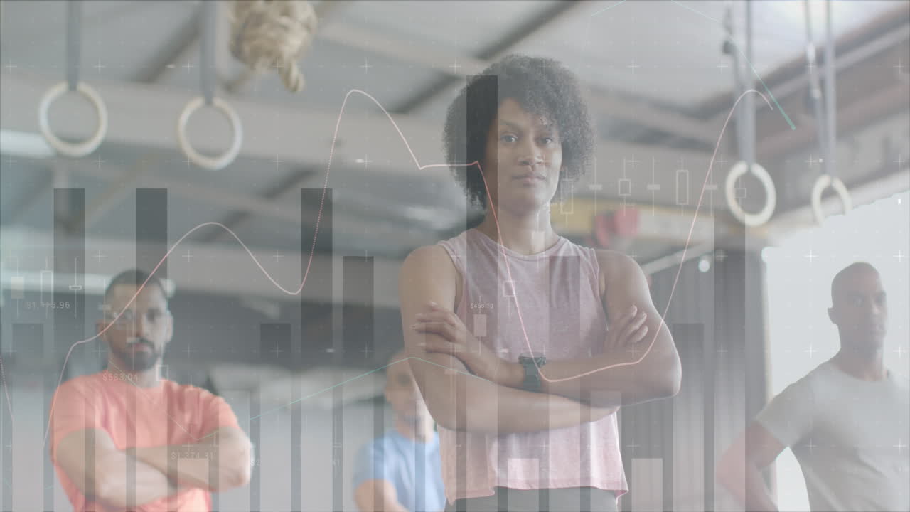 Animation of data processing on graph over portrait of diverse fitness group at gym