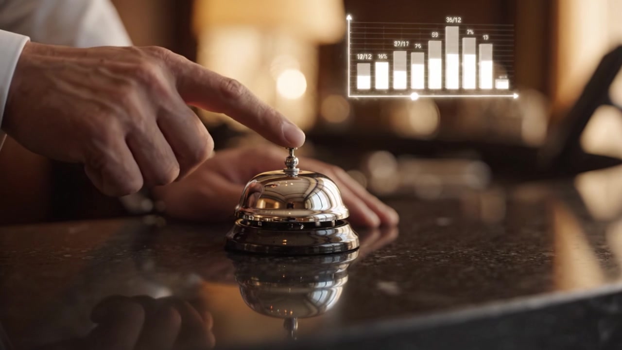 A polished reception bell symbolizes service excellence in a luxurious setting, hinting at the interaction between hospitality and technology through graphical insights.