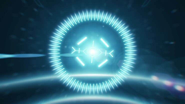 Animazione HUD 2D di un bersaglio con uno sfondo di riflessi anamorfici.