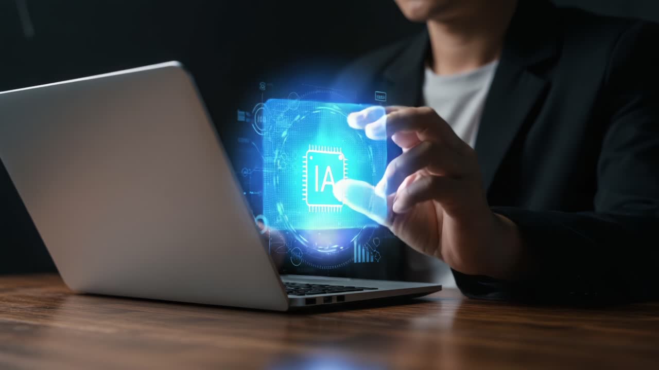 A professional using advanced technology to manipulate a holographic interface above a laptop, showcasing innovation in digital interactions and computing in a modern workspace