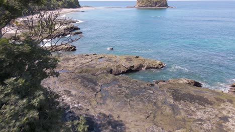 Toma-Aérea-Descendente-Más-Allá-De-Un-árbol-Que-Revela-La-Playa-Real-En-La-Costa-De-Costa-Rica