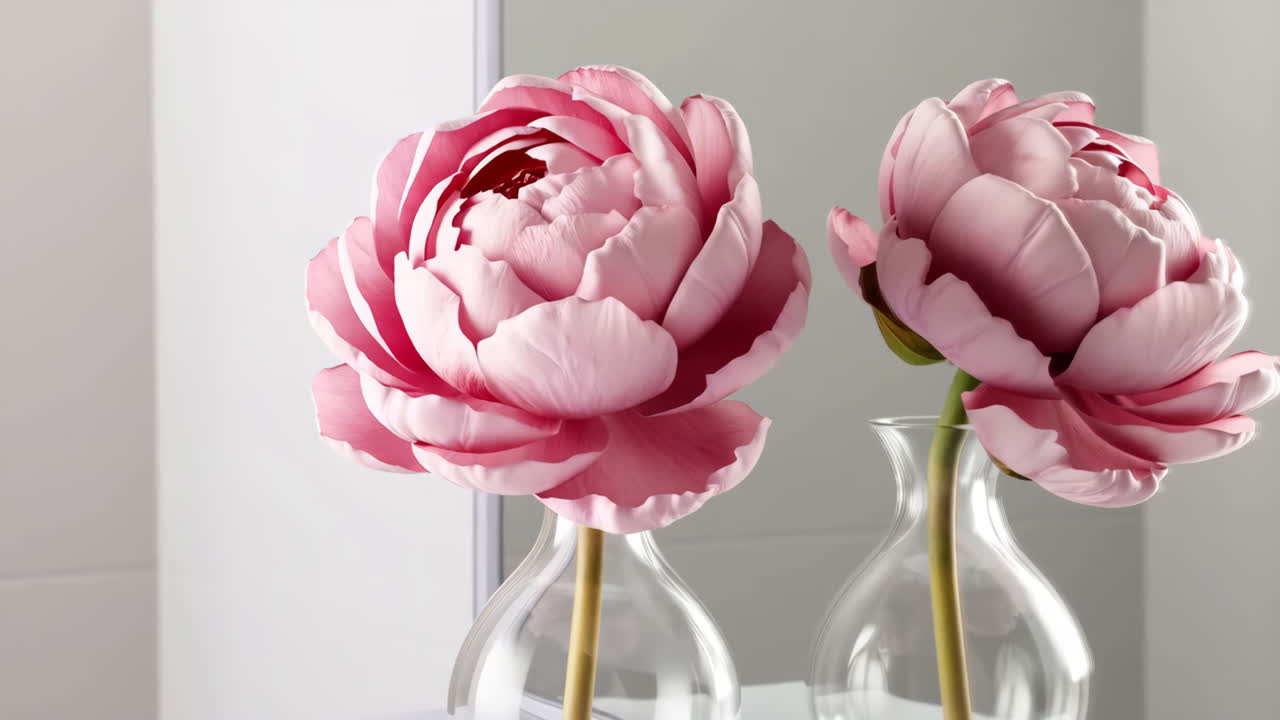 Two Pink Peonies in Glass Vases