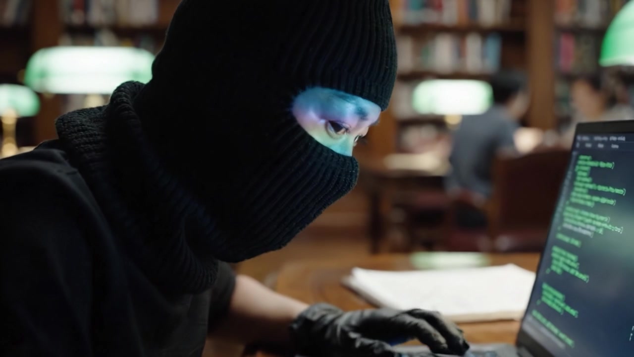In una biblioteca scarsamente illuminata, una figura misteriosa con una maschera nera lavora intensamente su un laptop, immersa in un mondo di programmazione e intrighi cibernetici.