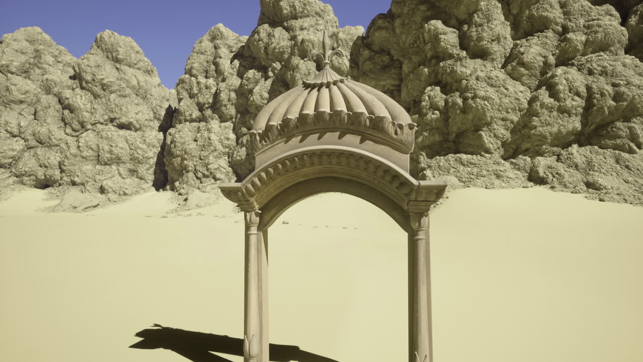 Dome structure stands amidst sandy landscape and rocky formations