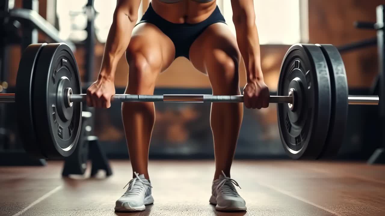 Low-angle shot of a woman lifting weights in a gym, highlighting strength and focus