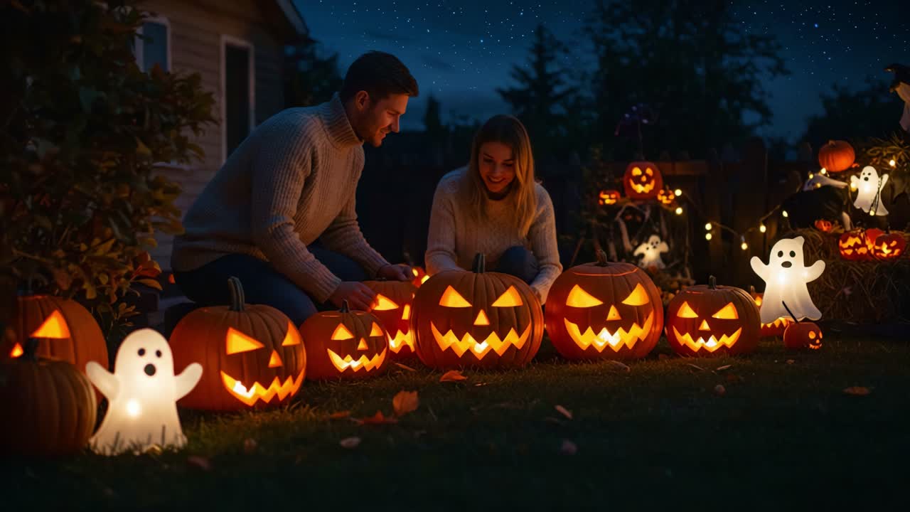 A Couple Joyfully Carves Halloween Pumpkins Together in a Spooky Garden Amidst Eerie Decorations and Glowing Jack-o'-Lanterns Under a Starry Night Sky