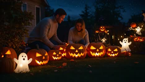 a couple joyfully carves halloween pumpkins together in a spooky garden amidst eerie decorations and glowing jack-o'-lanterns under a starry night sky