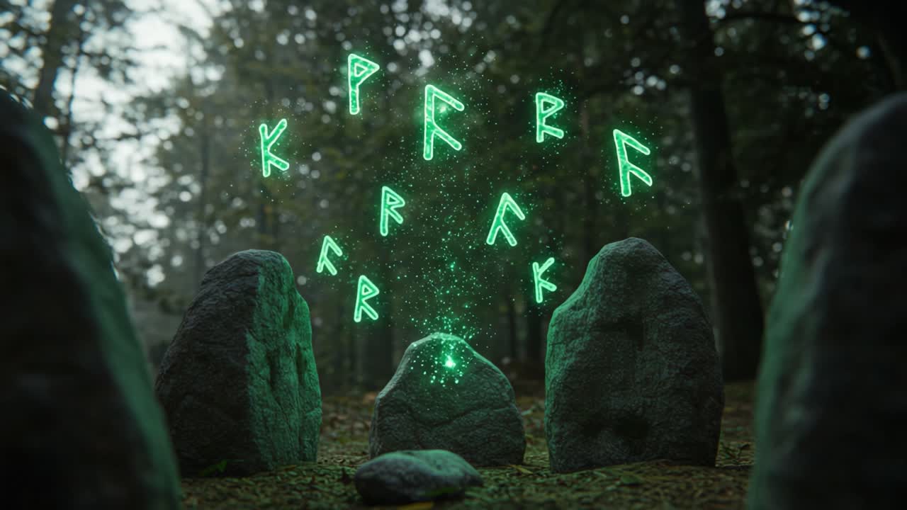 Mystical Forest Gathering: Ethereal Symbols Emanating from Sacred Stones in an Enchanted Setting, Illuminating the Elemental Nature of Ancient Runes
